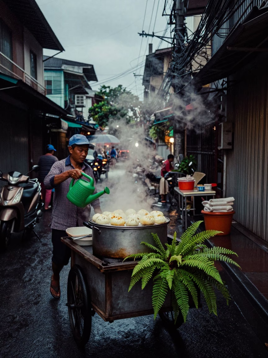 Humid Twilight Bangkok Street Scene with Watering Jug and Ferns in in Bangkok, Thailand