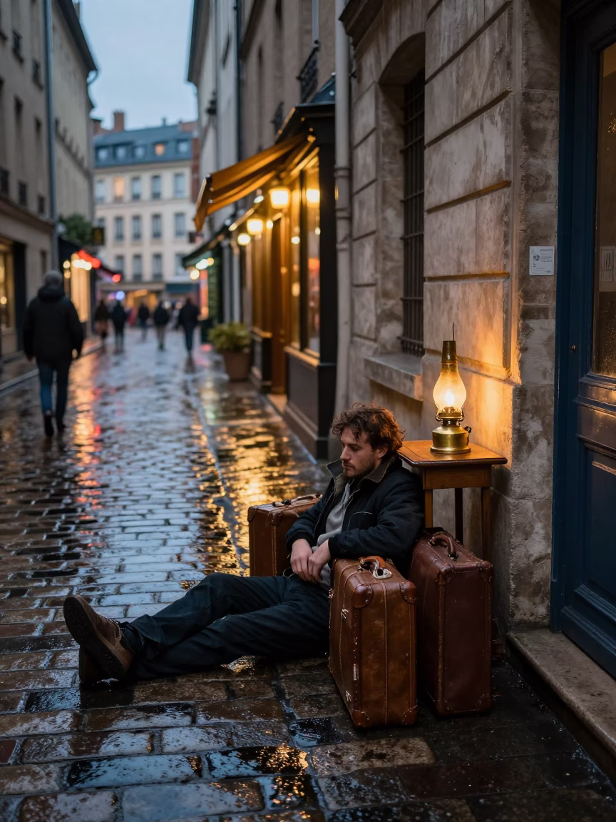 Humid Twilight Street Scene in Lyon France with Vintage Suitcases in in Lyon, France