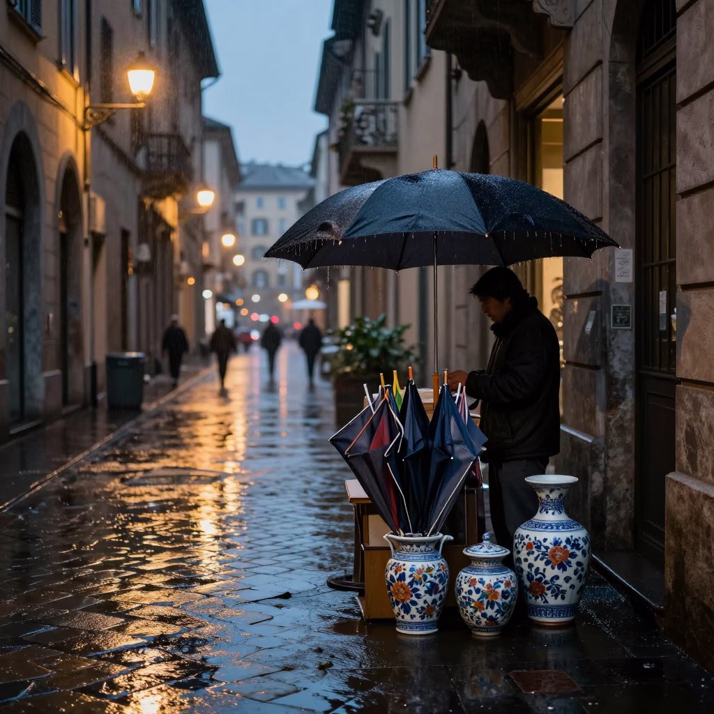 Humid Twilight Street Scene in Milan With Umbrellas and Floral Porcelain in in Milan, Italy