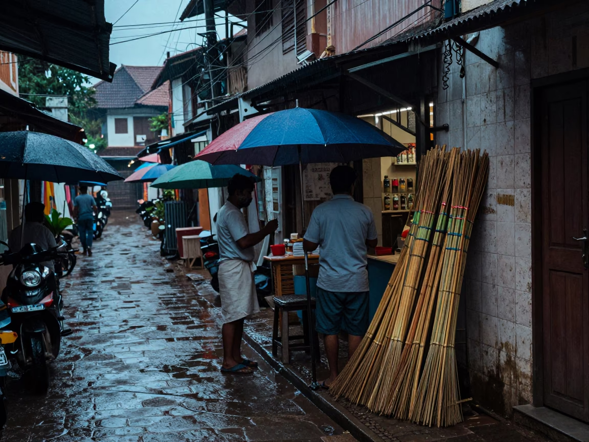Humid Twilight Street Scene with Umbrellas and Brooms in Kochi India in in Kochi, India