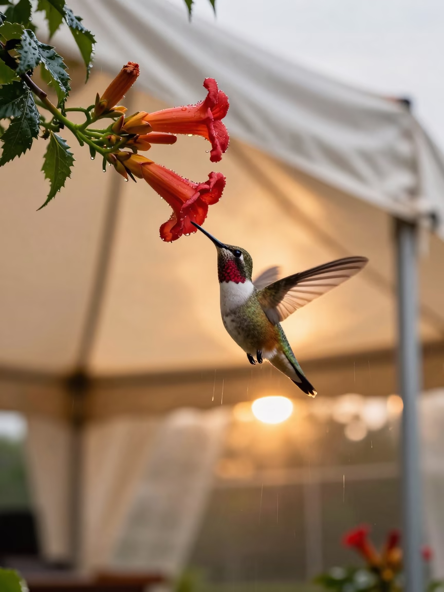 Hummingbird Backwards Flight Trumpet Vine Sunset in under a circus tent in Brampton