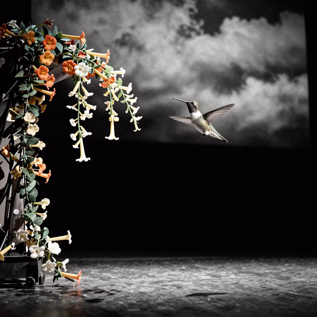 Hummingbird Backwards Hover on Dim Stage Antalya in on a dimly lit stage in Antalya