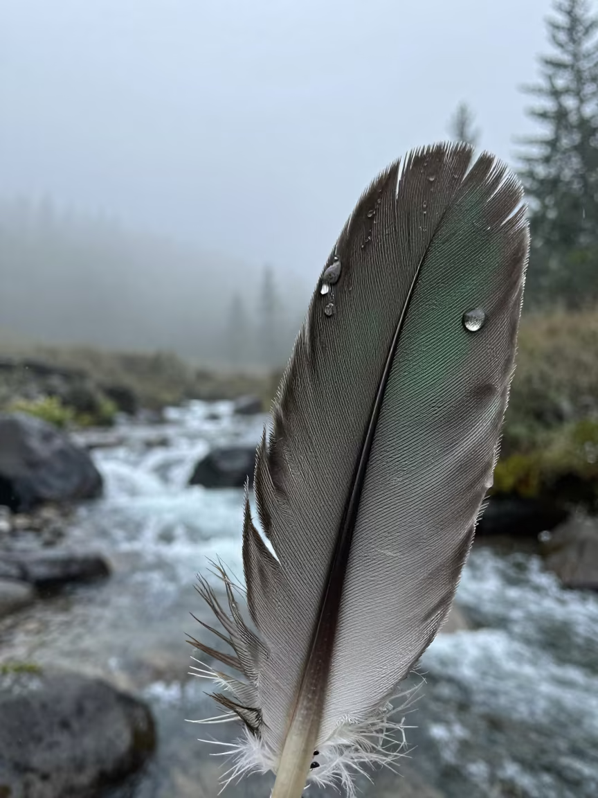 Hummingbird Feather Green Detail Over Misty Stream in above a glacial stream near Brazzaville