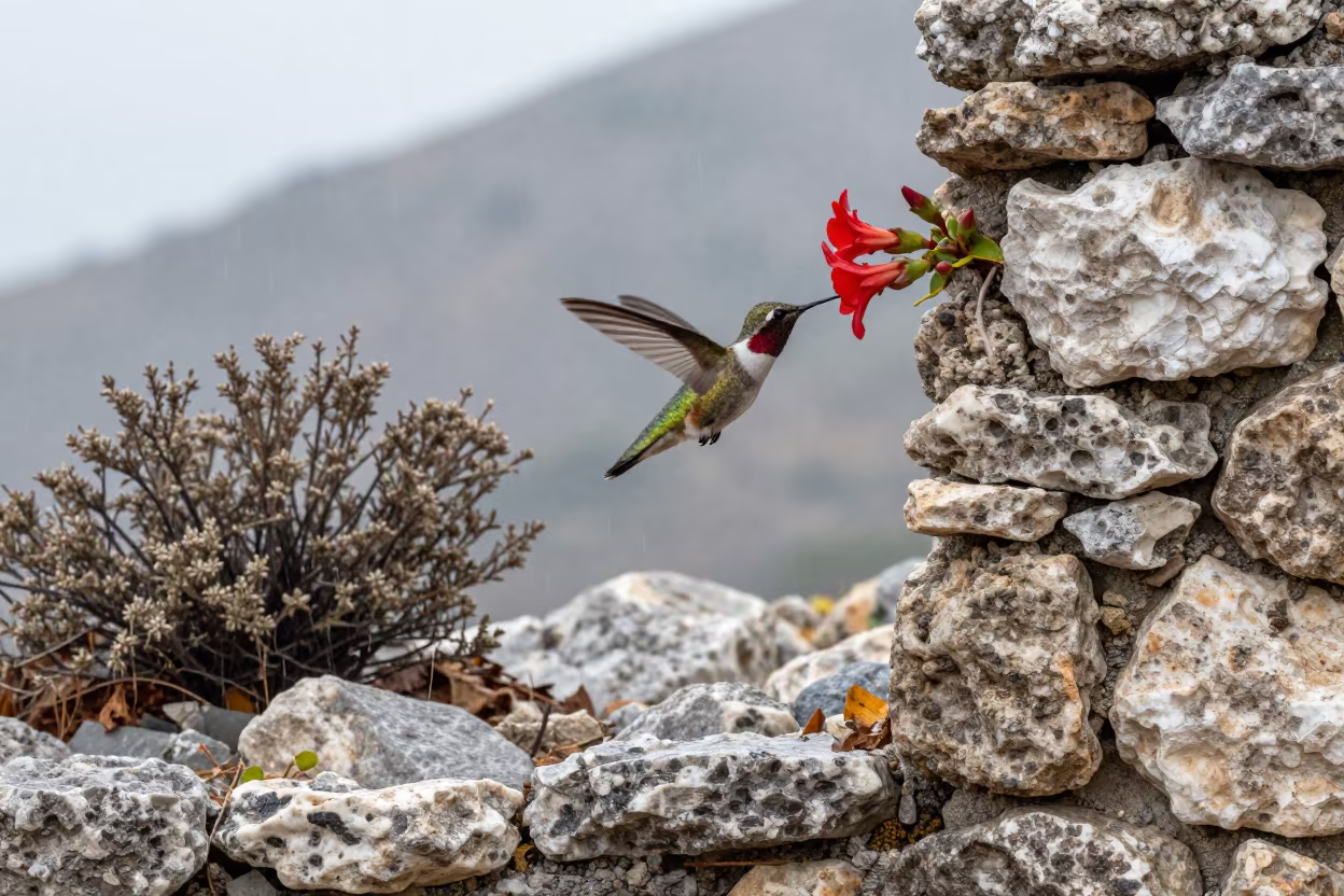 Hummingbird Feeding in Greek Winter Rain in in Greece