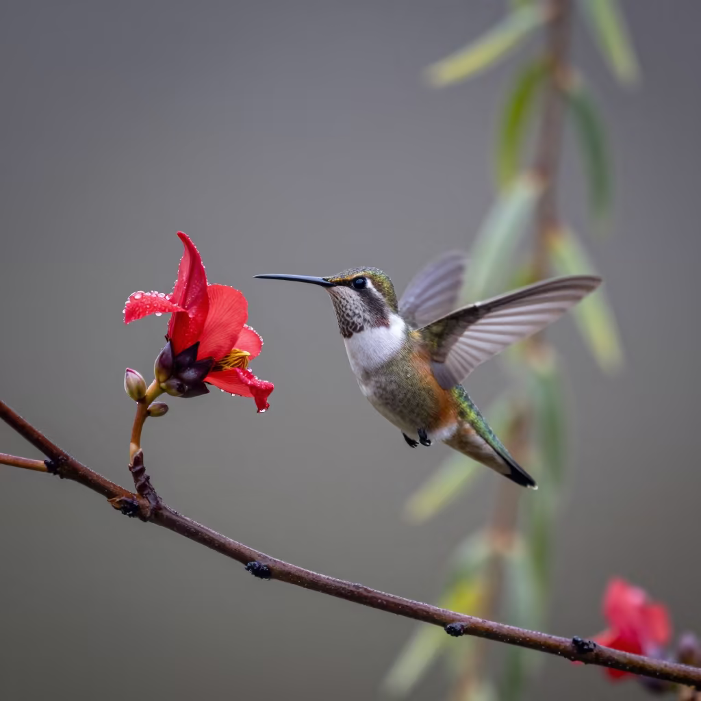 Hummingbird at Flower in Georgia Dawn Rain in in Georgia
