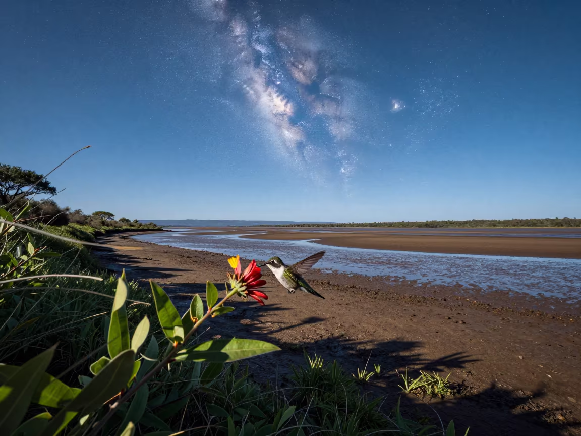 Hummingbird Feeding at Tidal Inlet with Daytime Milky Way in beside a tidal inlet near Nakuru