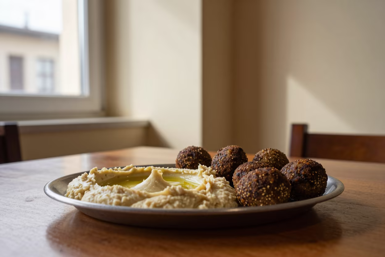Hummus and Falafel Mezze Platter Amman in at a roadside diner table in Amman