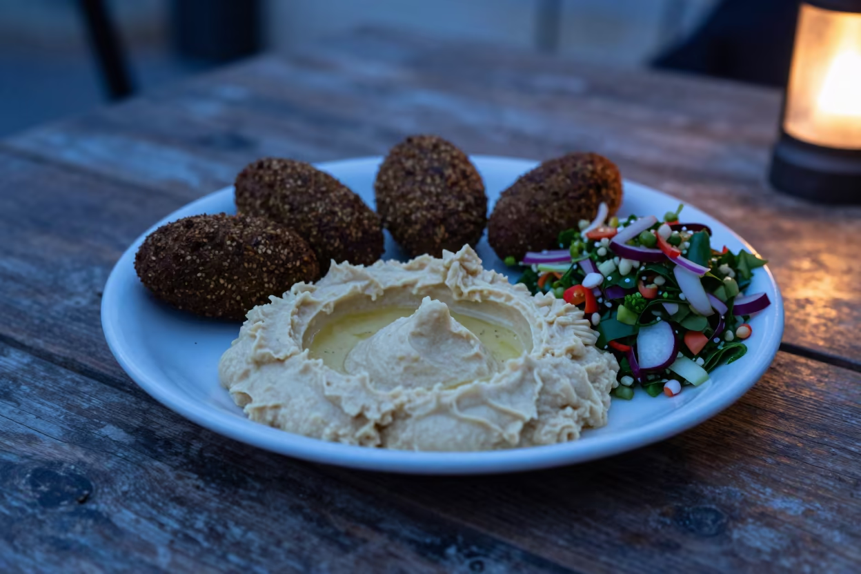 Hummus Falafel Tabbouleh Beirut Evening in on a weathered outdoor table in Hamra, Beirut