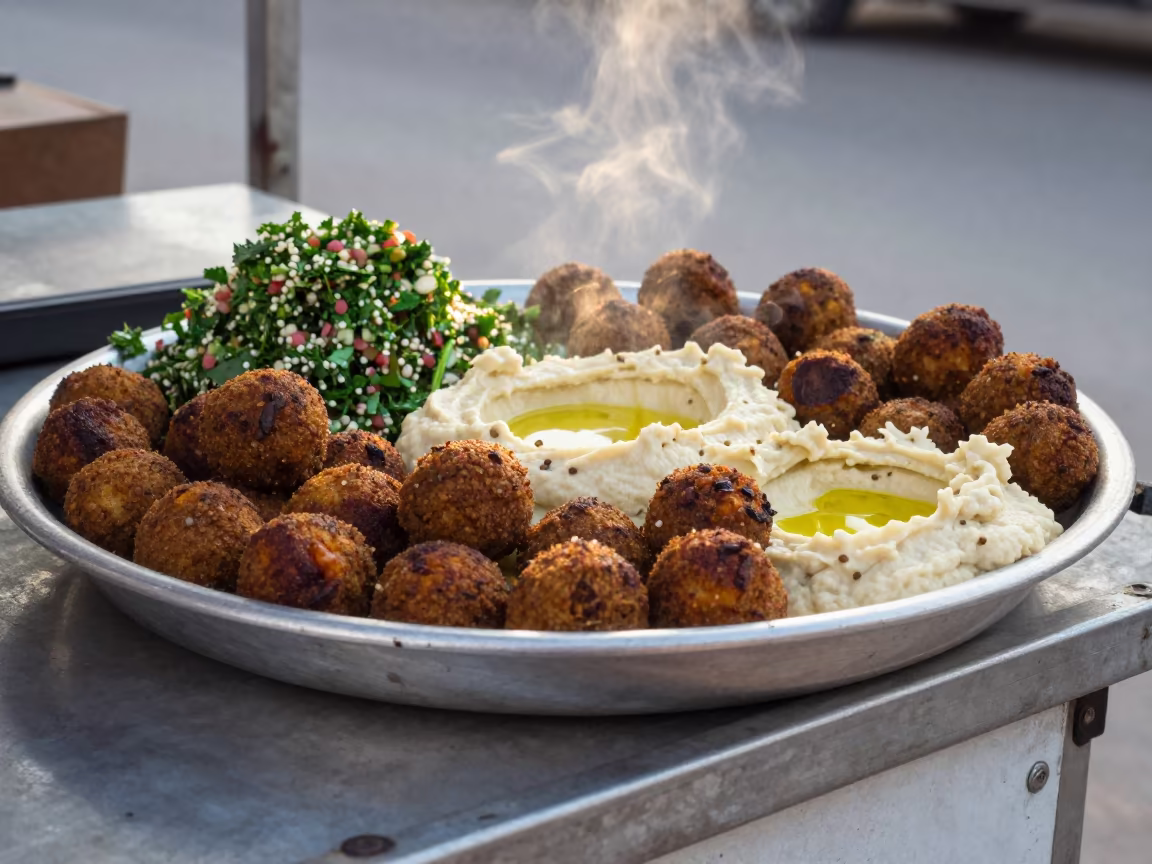 Hummus Falafel Tabbouleh Mezze Platter Amman Street Cart in at a street-food cart counter in Amman