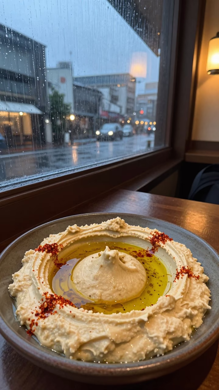 Hummus with Olive Oil Paprika Chiba Tea House in on a tea house tray in Chiba