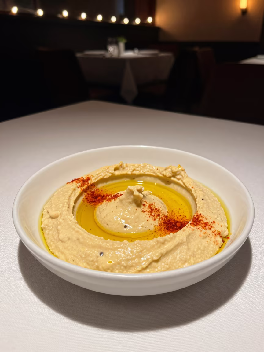 Hummus with Olive Oil and Paprika on Linen in on a linen-covered restaurant table in Bandırma