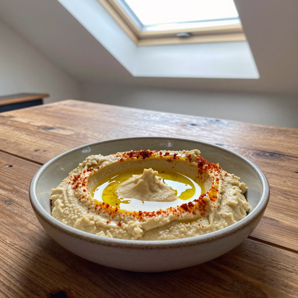 Hummus with Olive Oil and Paprika on Wood in on a rustic wooden table in Suzhou
