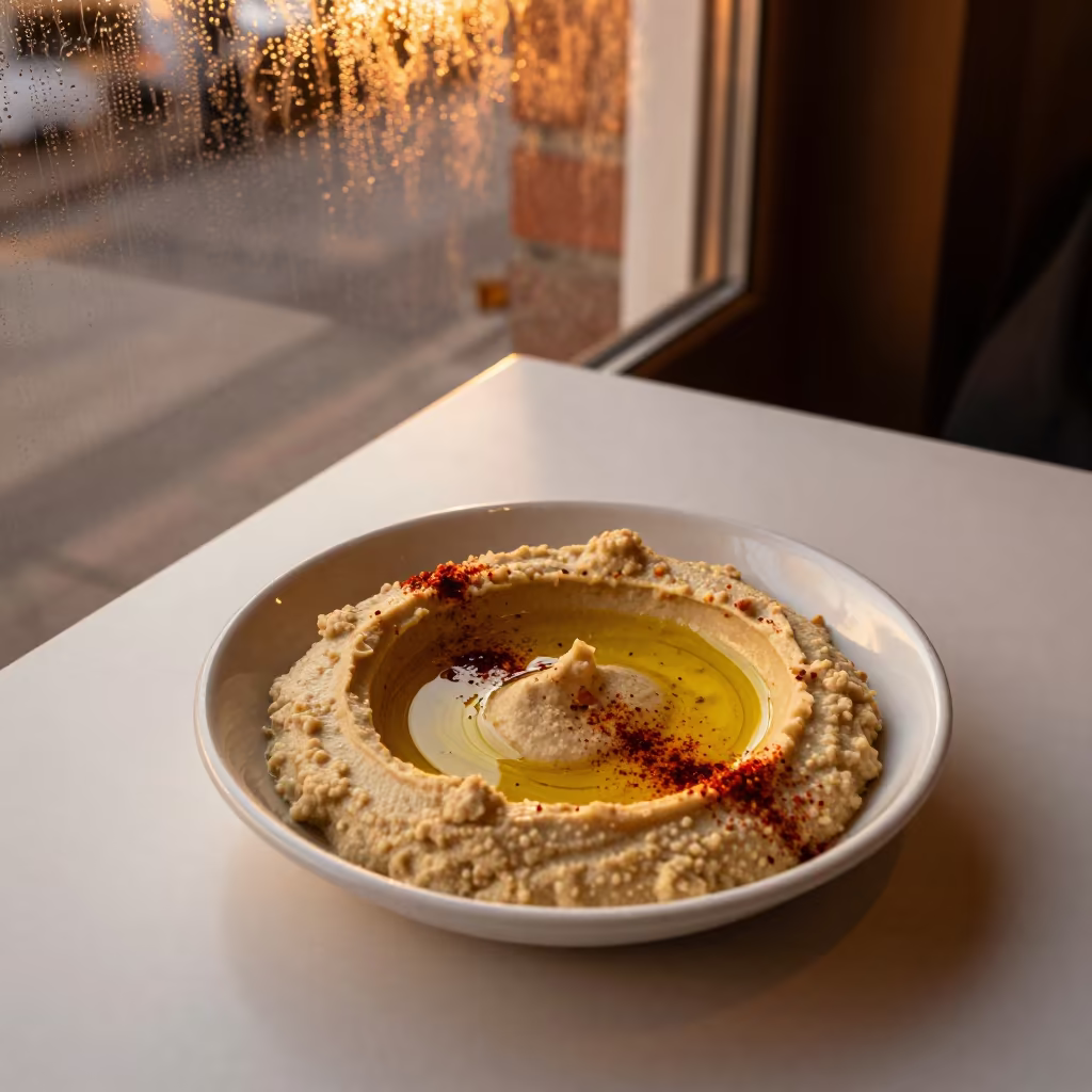 Hummus Platter Sunset Light Diner Elbląg in at a roadside diner table in Elbląg