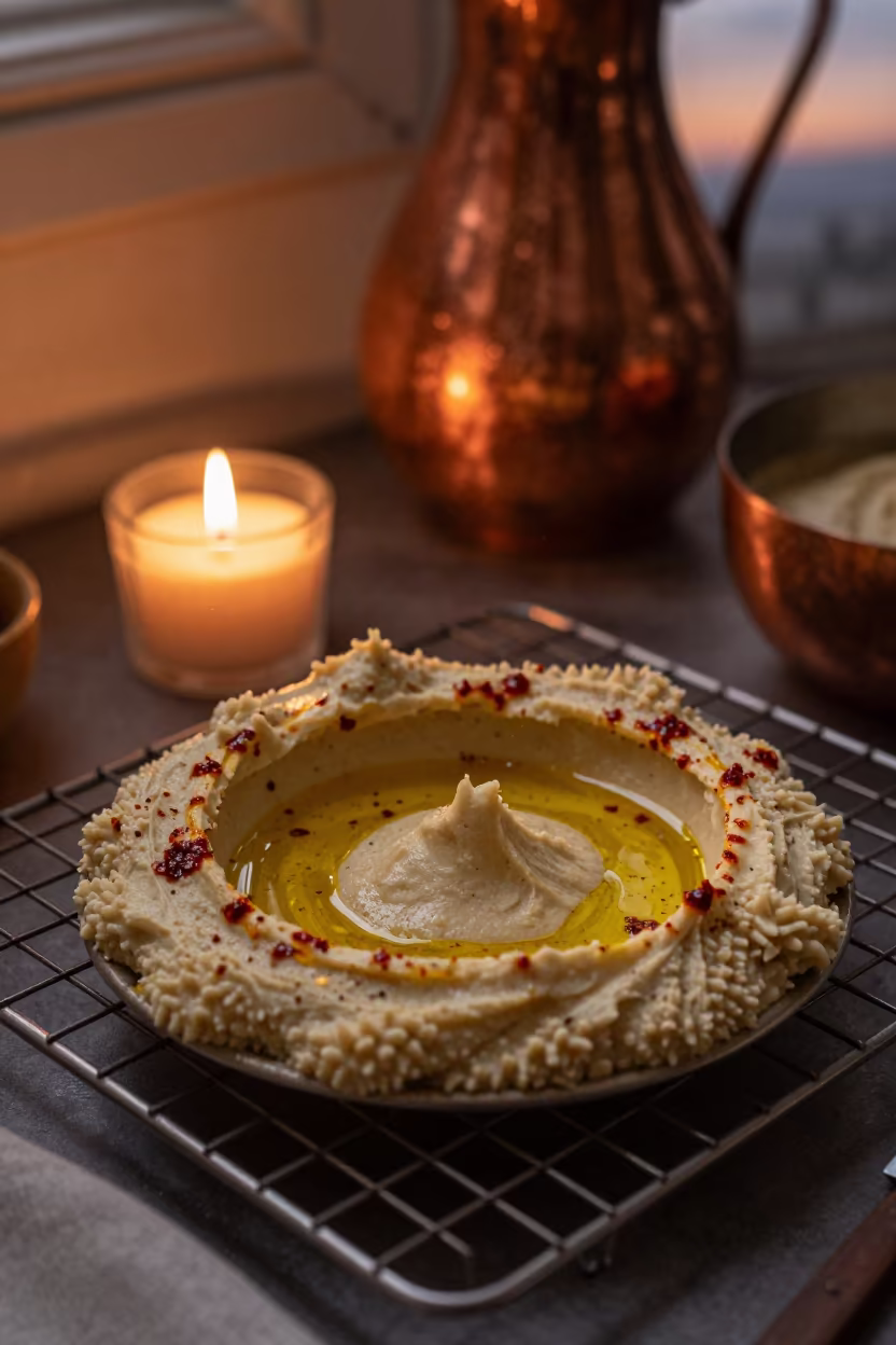 Hummus Spread on Bakery Rack in Balıkesir in on a bakery cooling rack in Balıkesir