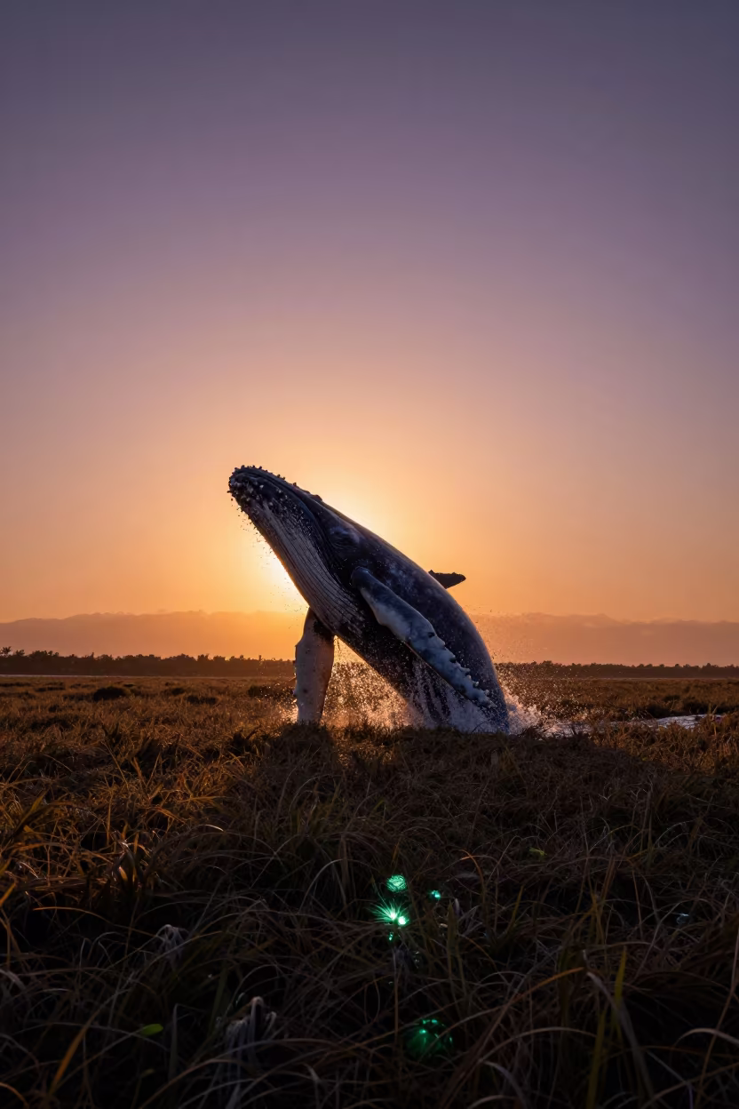 Humpback Whale Breaching at Sunset Over Mumbai Seagrass in above a seagrass meadow near Bandra, Mumbai