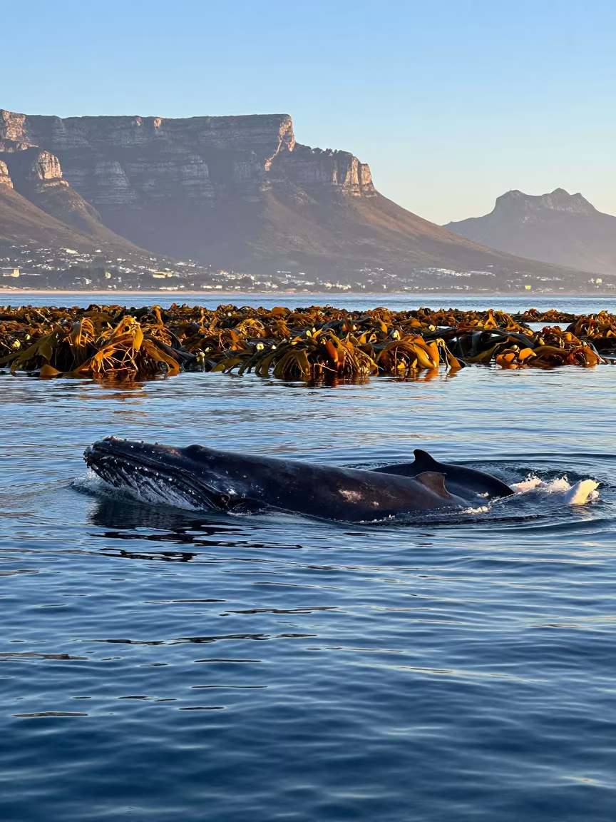 Humpback Whale and Calf Surfacing at Blue Hour in along a kelp-fringed shelf near Cape Town