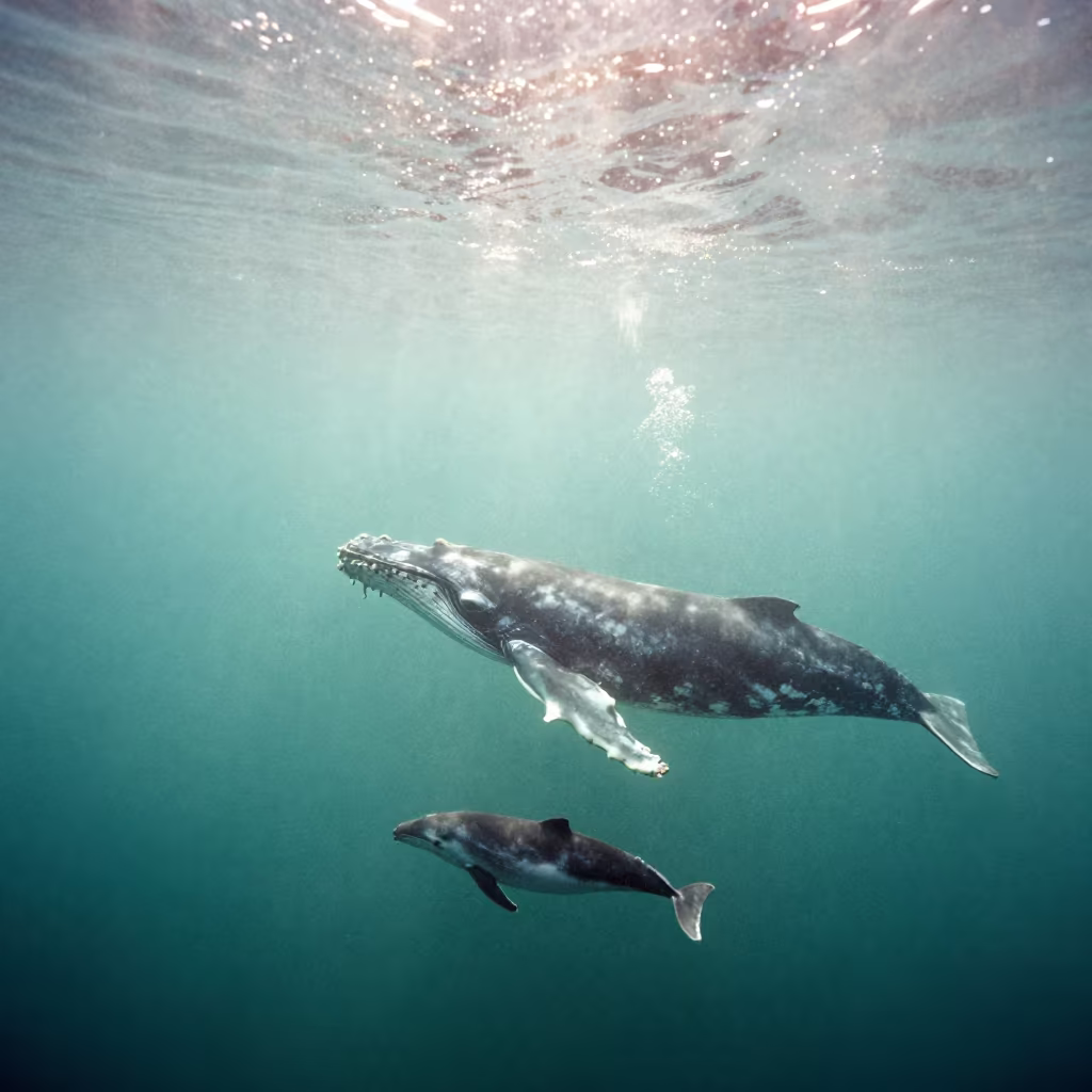 Humpback Whale and Calf Surfacing Near Oregon Volcanic Drop-off in beside a volcanic drop-off in Oregon