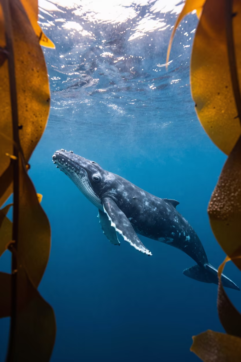 Humpback Whale Calf Surfacing Through Kelp in through a forest of kelp fronds in Florida