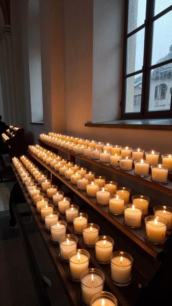 Hundreds of floating candles in Kinshasa church nave in on a workshop shelf near Kinshasa