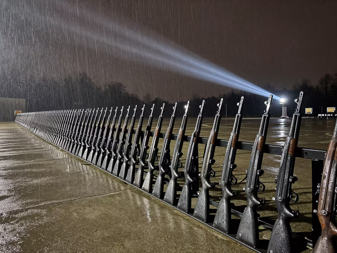 Hungarian Armory Rifle Rack Under Night Rain Light in on a parade ground in Hungary