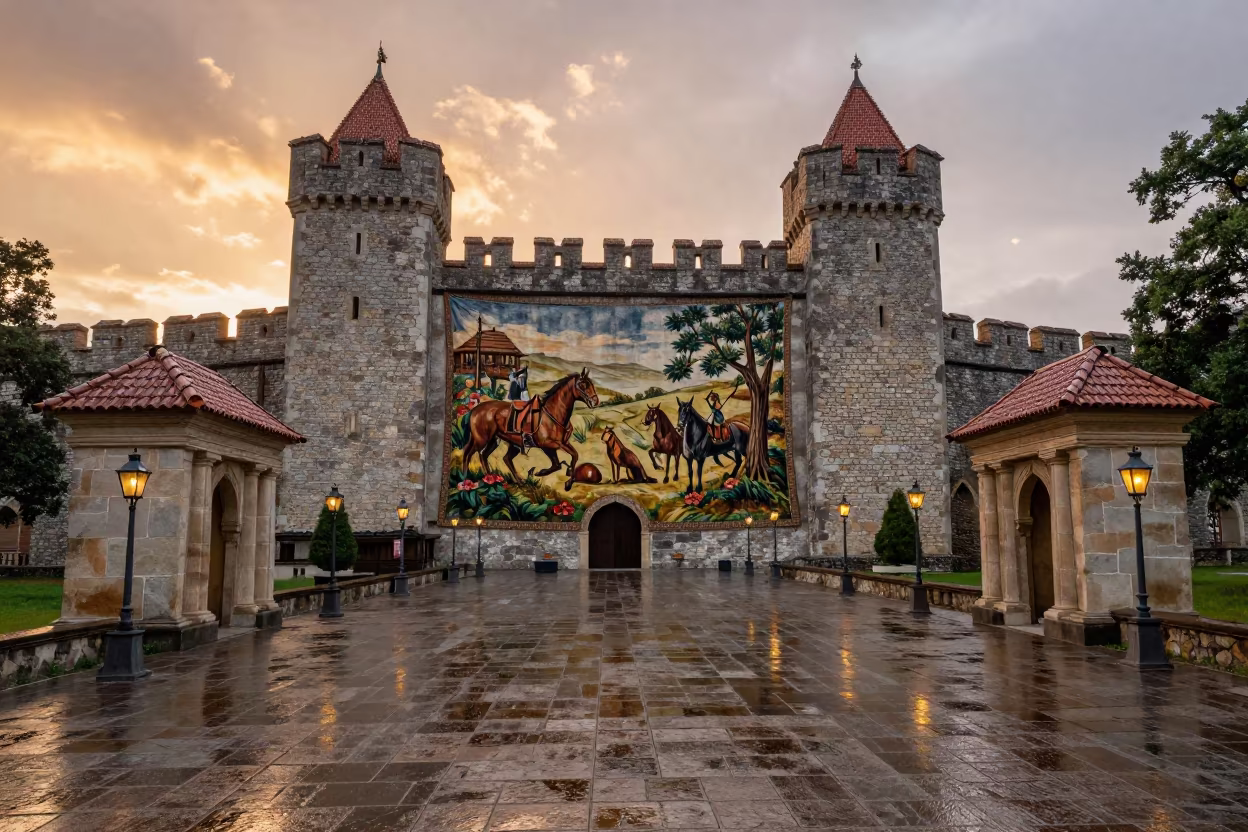 Hungarian Castle Hunting Tapestry Sunset Drizzle in in a lantern-lined temple precinct in Hungary