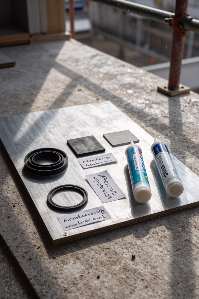Hungarian Construction Punch Tag Board with Sealant Samples in on an active construction deck in Hungary