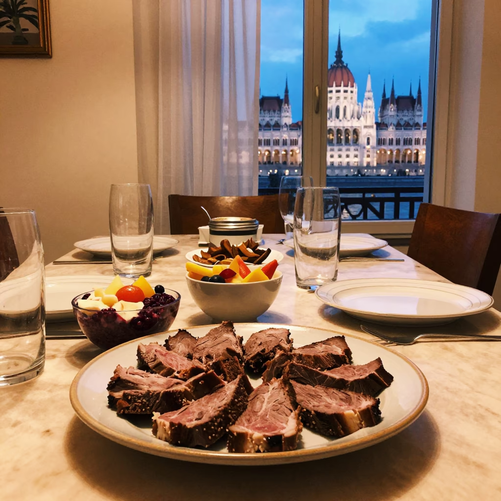 Hungarian Dinner Table Scene with Sliced Meat and Condiments at Twilight in in Budapest, Hungary