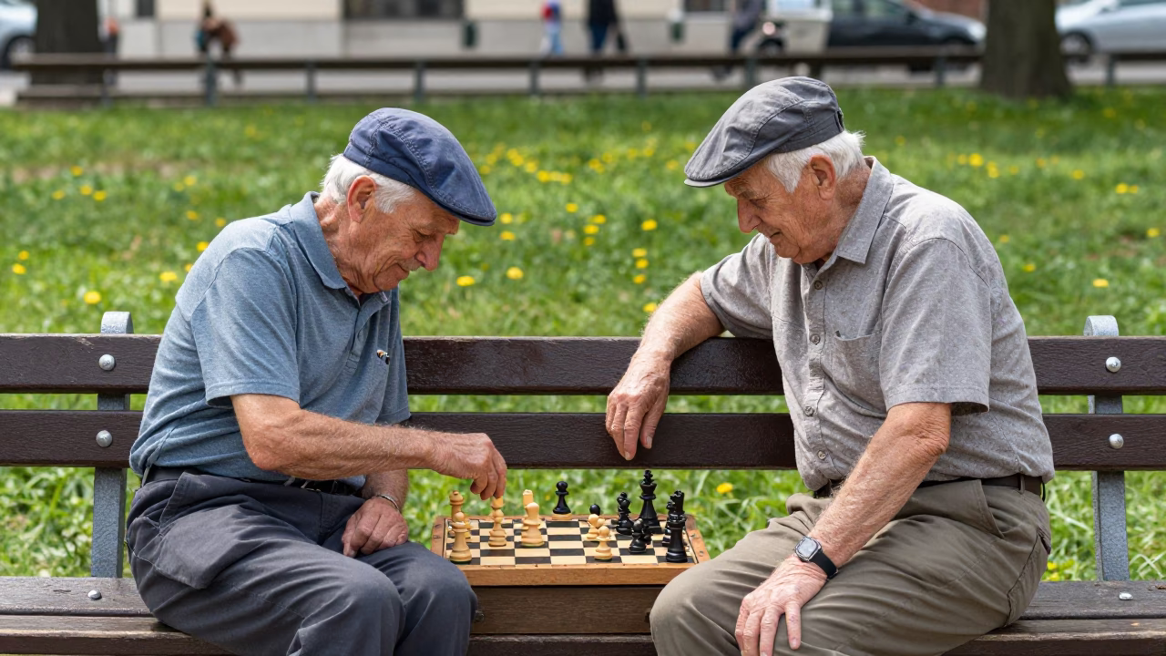 Hungarian Elderly Couple Playing Chess on Budapest Park Bench in Bright Midmorning Light in in Budapest, Hungary