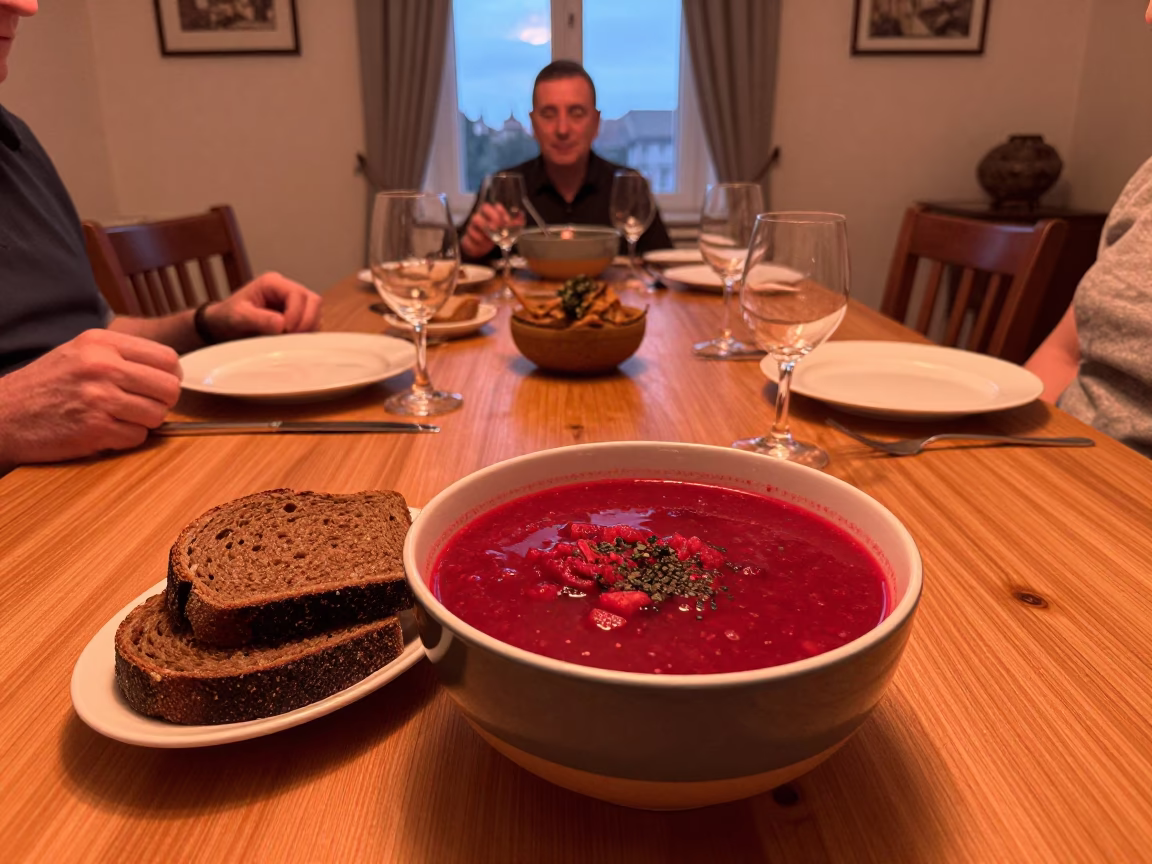 Hungarian Family Dinner Scene with Borscht and Rye Bread in Copper Dusk Light in in Budapest, Hungary
