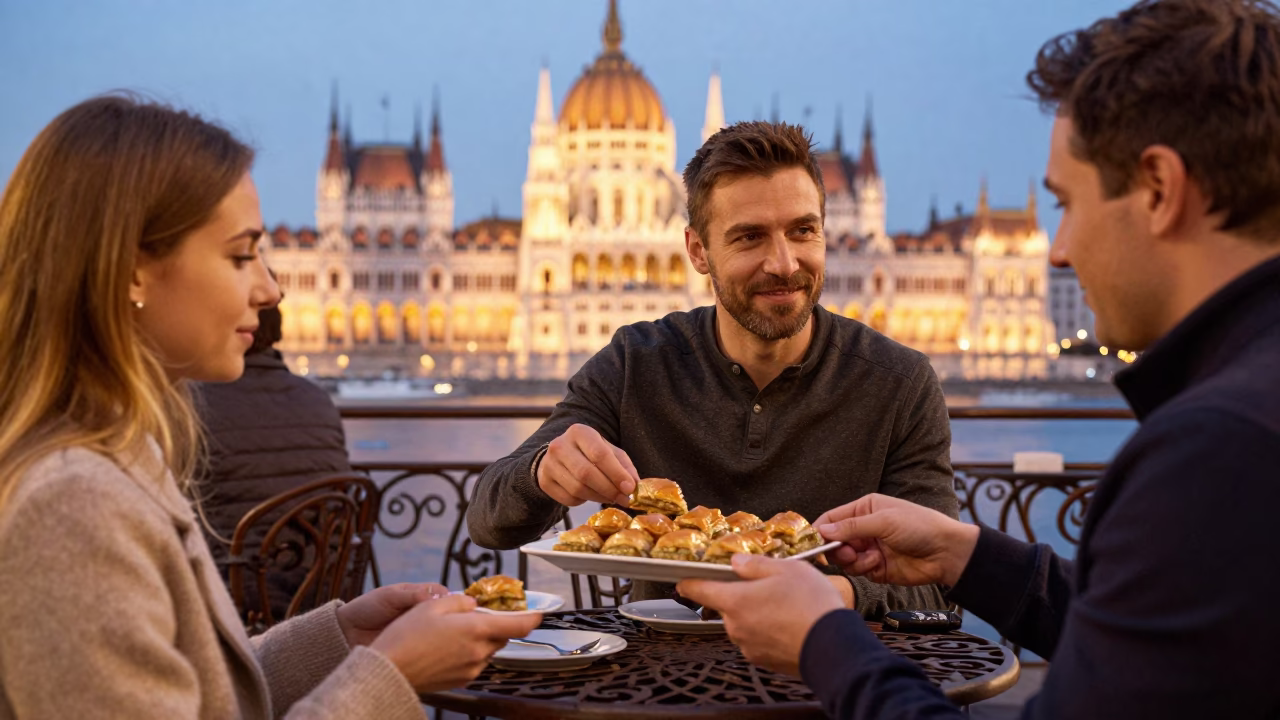 Hungarian family enjoying baklava in Budapest evening light in in Budapest, Hungary
