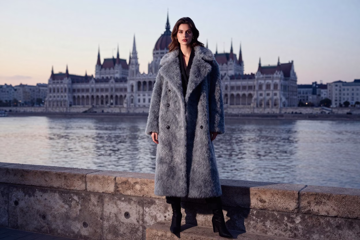 Hungarian Fashion Model in Vintage Coat at Dawn Bridge Pier Reflection in in Budapest, Hungary