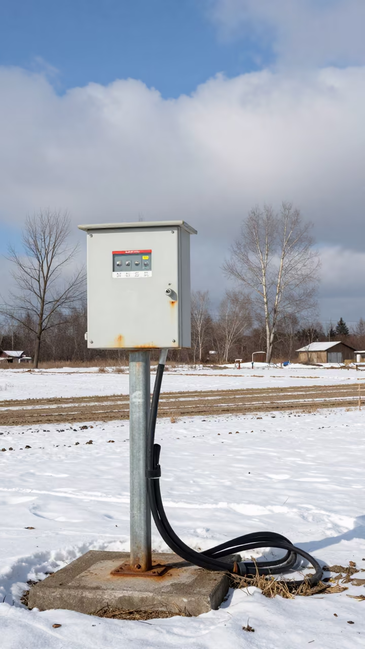 Hungarian Feed Auger Control Box Winter Day in at a stockyard loading ramp in Hungary