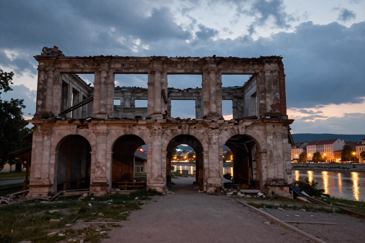 Hungarian Ghost Saloon Ruin Under Stone Arch in beneath a broken stone arch in Hungary