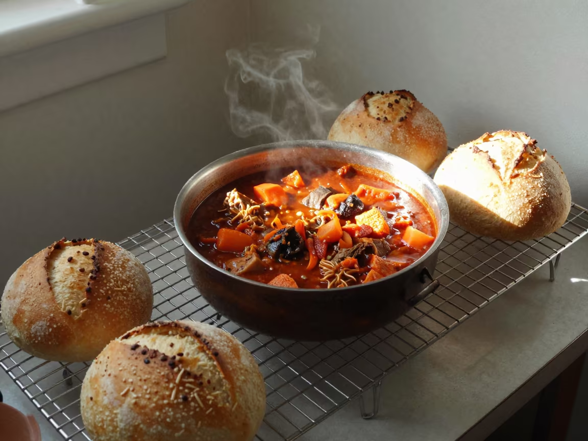 Hungarian Goulash and Bread on Bakery Rack in on a bakery cooling rack in Zurich