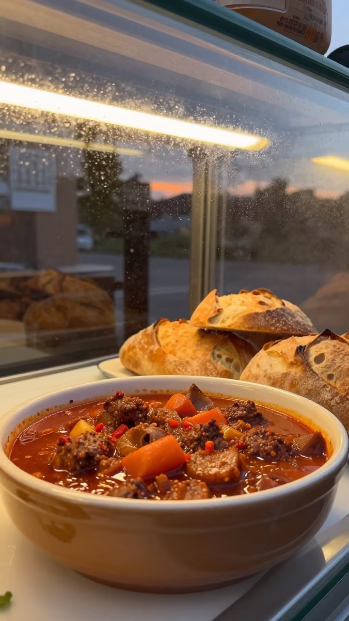 Hungarian Goulash and Bread in Busan Bakery in in a bakery display case in Jagalchi, Busan