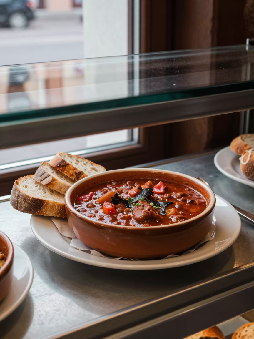 Hungarian Goulash and Bread in Gothenburg Case in in a bakery display case in Gothenburg