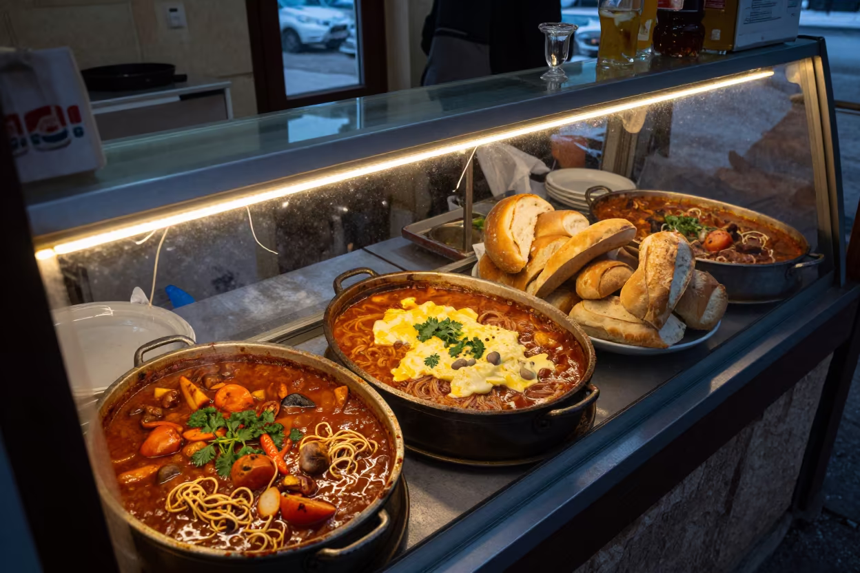 Hungarian Goulash and Bread in Siirt Bakery in in a bakery display case in Siirt
