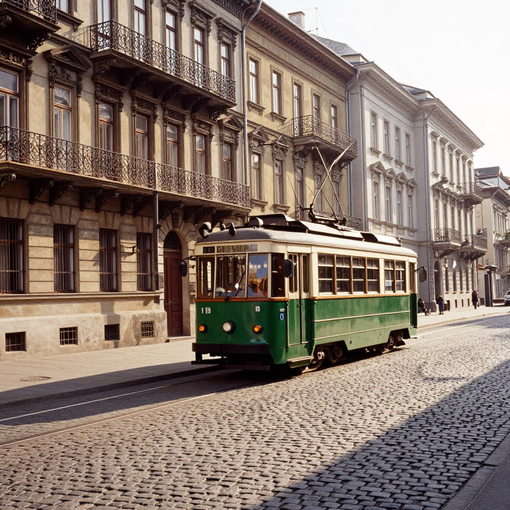 Hungarian Heritage Tram on Cobblestone Avenue in Late Afternoon Budapest in in Budapest, Hungary