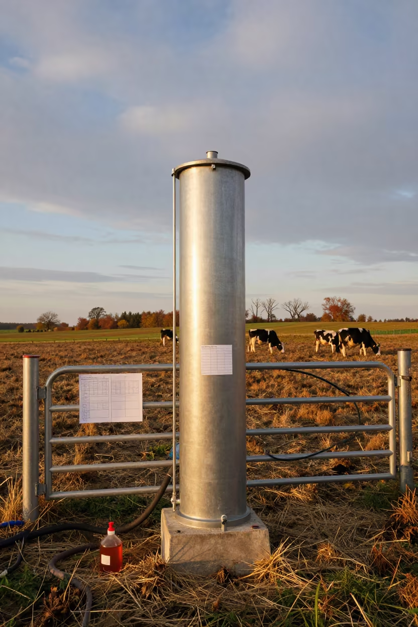 Hungarian Livestock Water Test Cylinder Evening Light in beside a pasture gate in Hungary