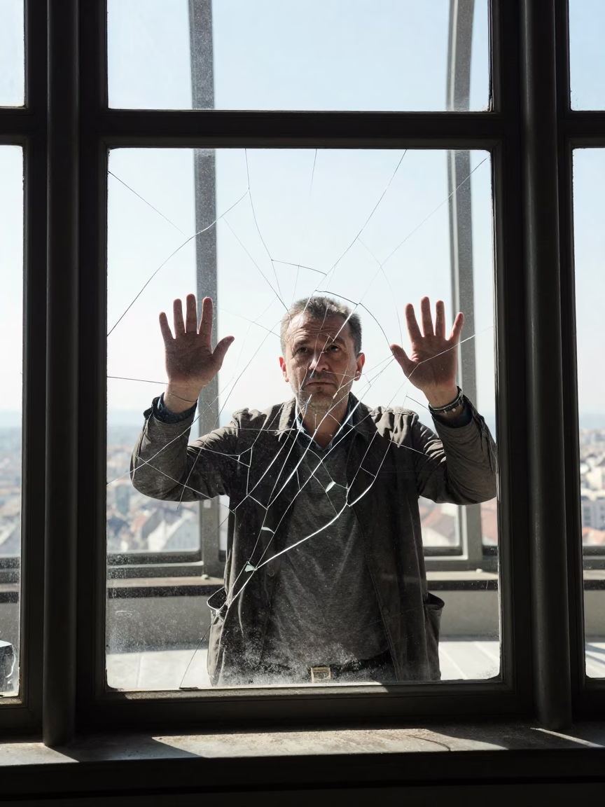 Hungarian Man in Cracked Observatory Window Noon Light Budapest in in Budapest, Hungary