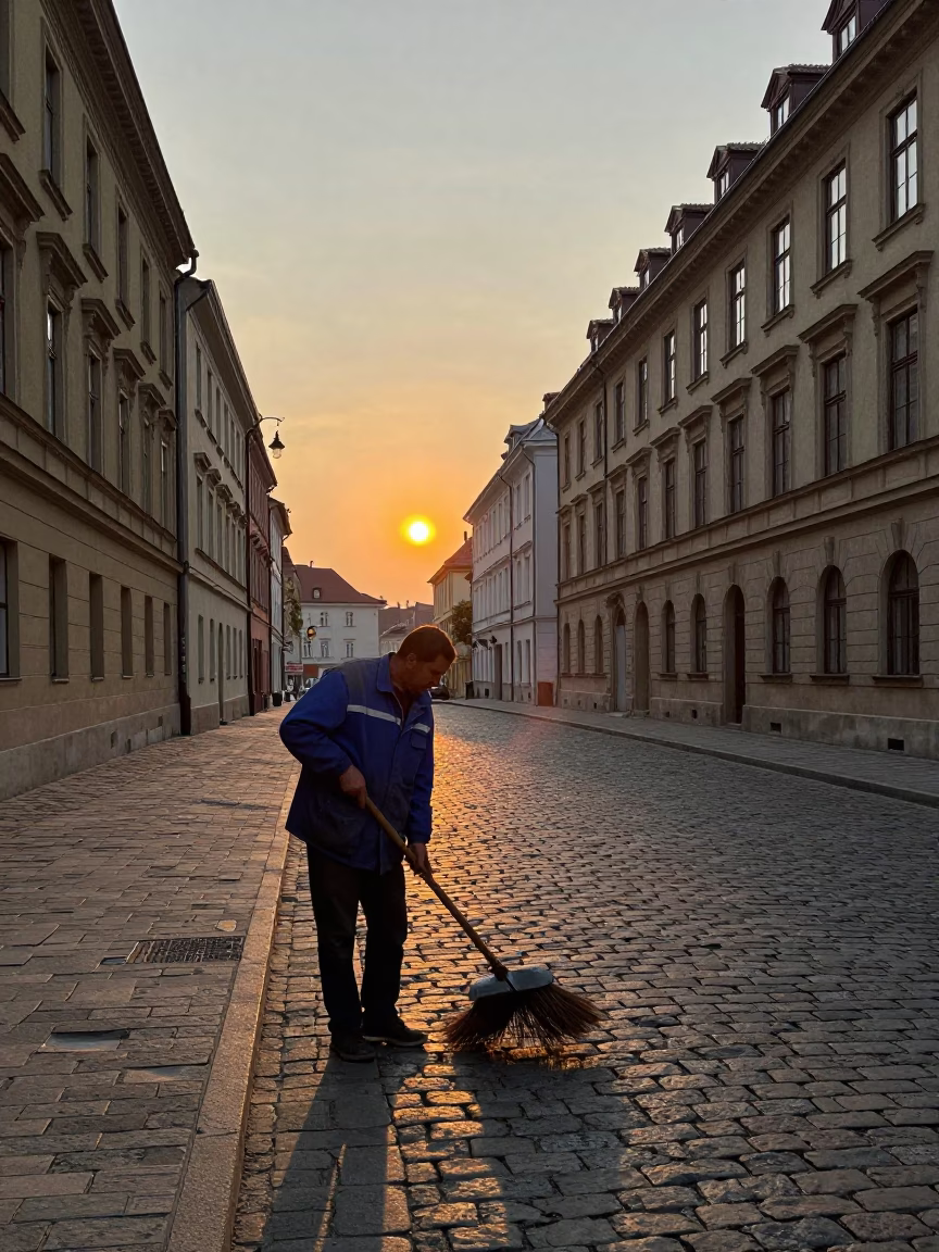 Hungarian Man Sweeping Cobblestones in Budapest at Sunset in in Budapest, Hungary
