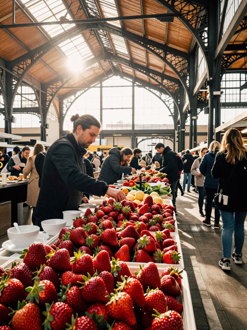 Hungarian Market Hall Breakfast Scene with Strawberries and Porcelain at Sunrise in in Budapest, Hungary