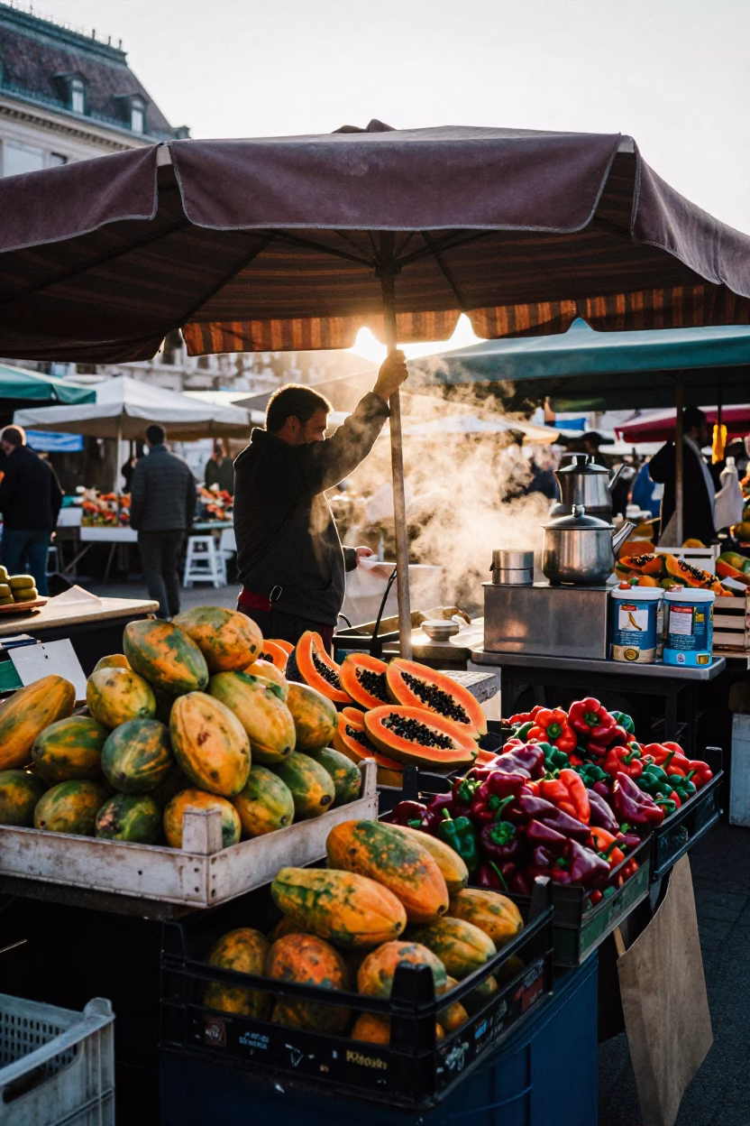 Hungarian Market Stall Before Dawn with Papayas and Morning Light in Budapest in in Budapest, Hungary