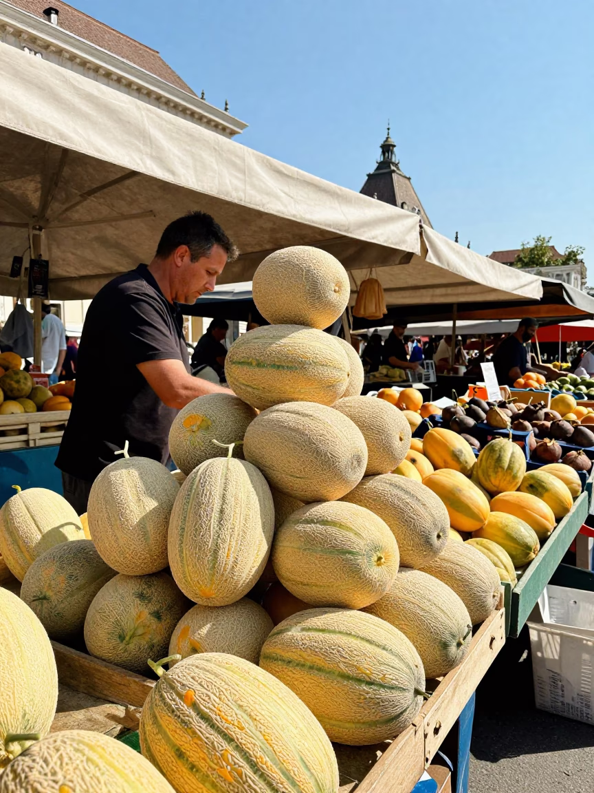 Hungarian market stall displaying fresh melons under flat noon light in Budapest in in Budapest, Hungary