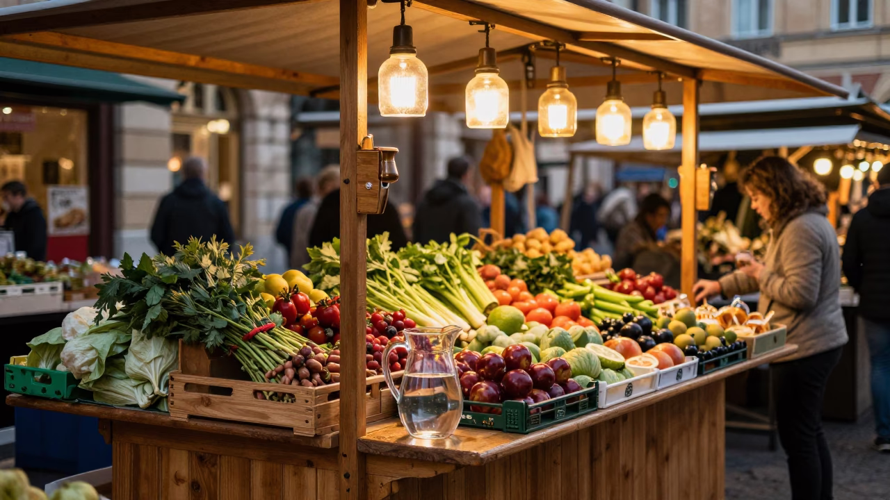 Hungarian Market Stall in Budapest Honeyed Evening Light with Fresh Produce and Condensation in in Budapest, Hungary