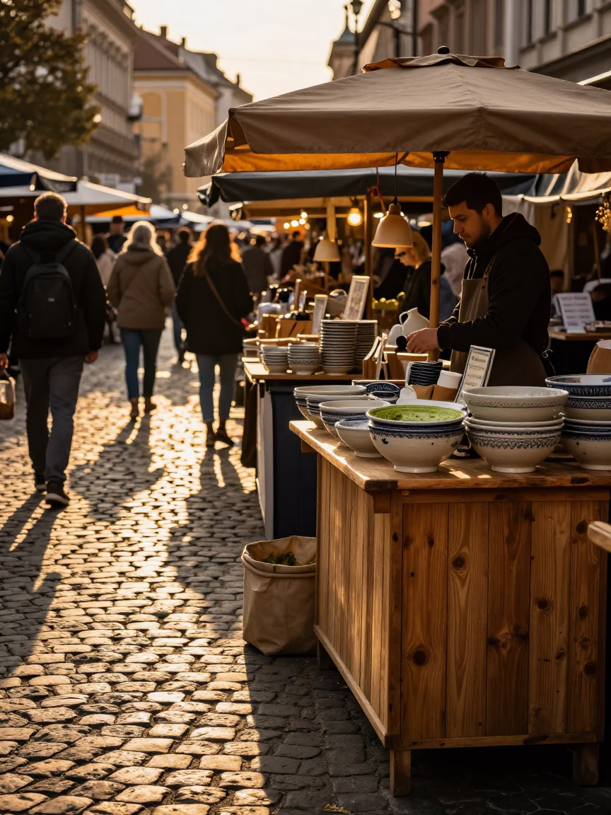Hungarian Market Stall with Ceramic Bowl and Bar Soap in Evening Light in in Budapest, Hungary