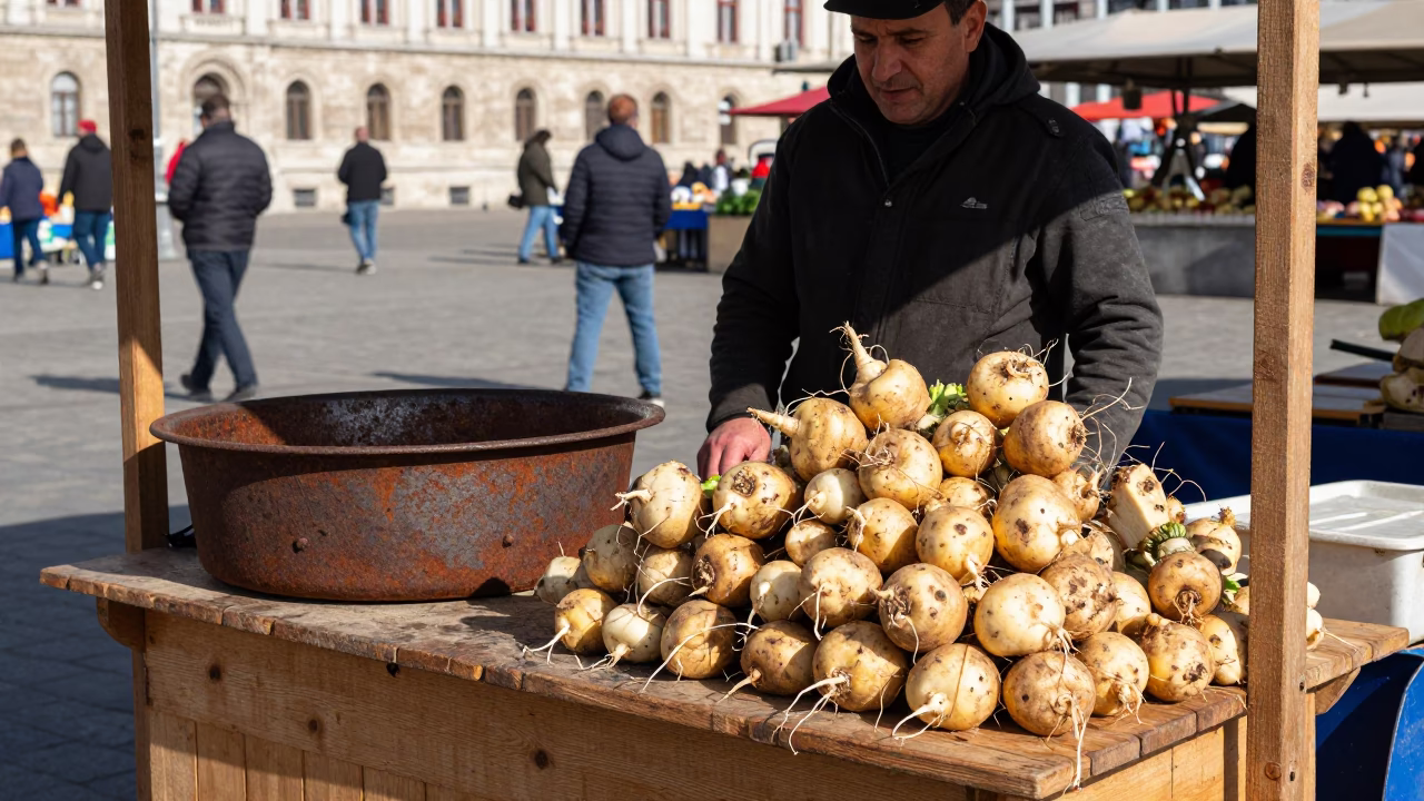 Hungarian Market Stall with Rusty Metal Basin and Turnips Under Noon Sun in Budapest in in Budapest, Hungary
