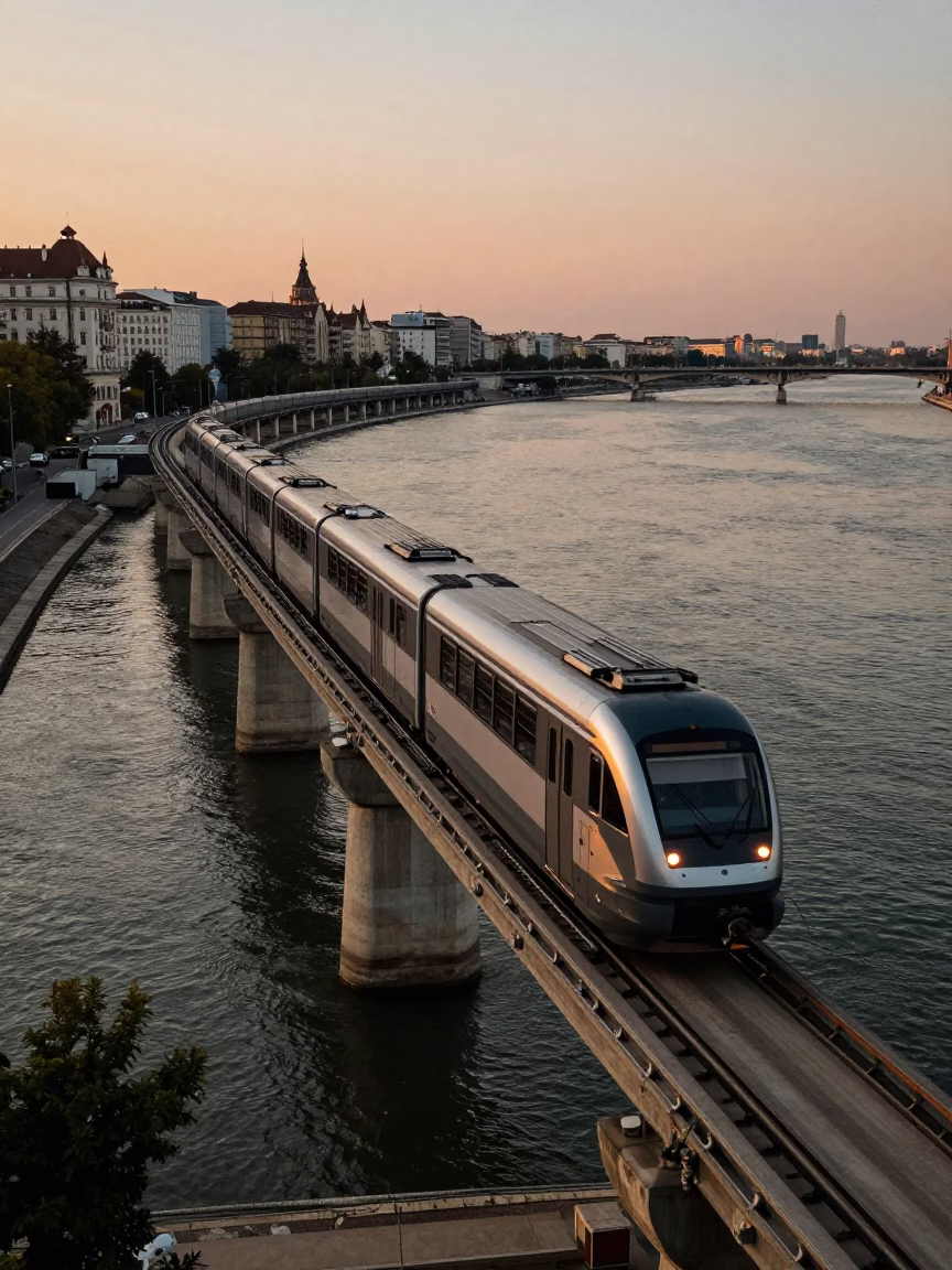 Hungarian Monorail Sweeping Over Danube River at Blue Hour with Concrete Brutalist Architecture in in Budapest, Hungary