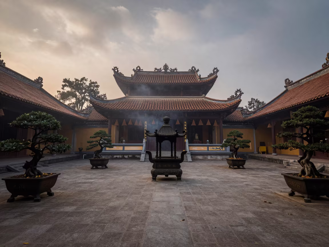 Hungarian Pagoda Courtyard Autumn Mist in beneath a pagoda roof in Hungary