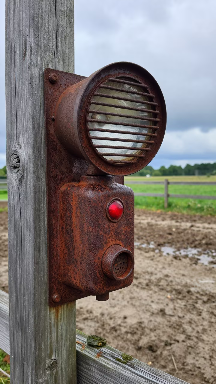 Hungarian Pig Heat Lamp Controller Monsoon in along a muddy paddock fence in Hungary